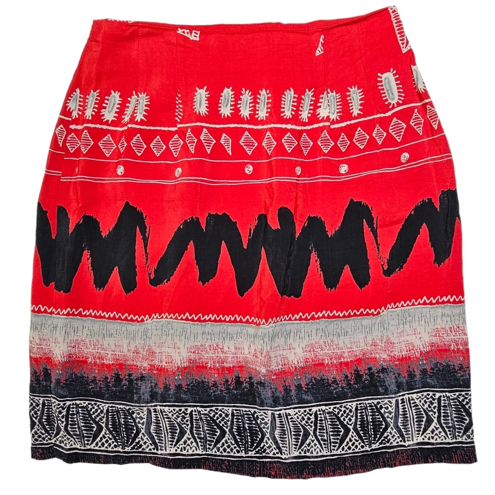 Vintage Russell Kemp New York Patterned Red and Black A-Line Wrap Skirt - Picture 3 of 13
